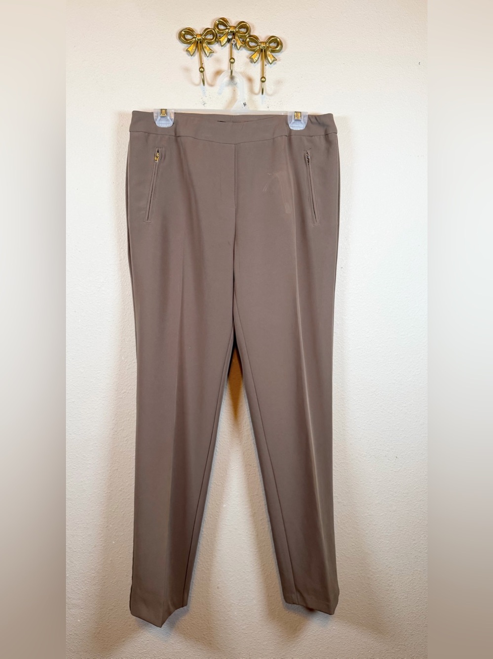 Rachel & Zac Straight Leg Dress Pants - Taupe side pockets with silver zippers.